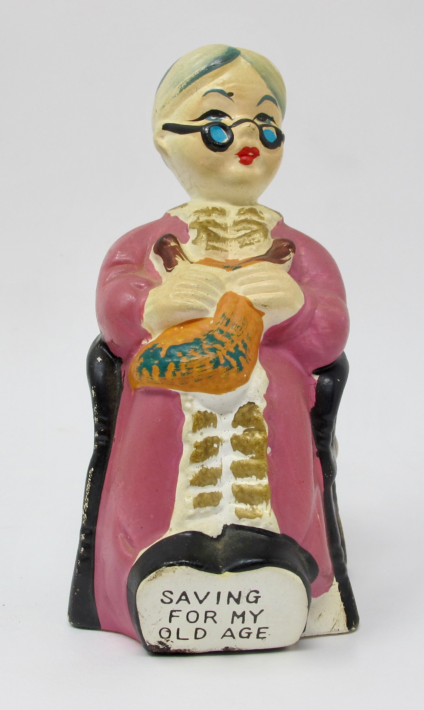 Saving for My Old Age Old Lady Knitting Ceramic Coin Bank by Our