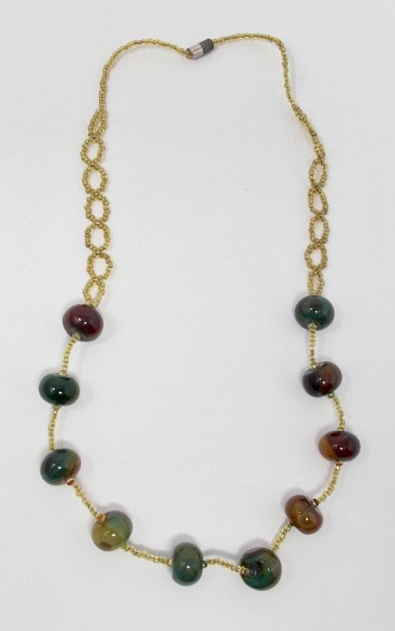 Gold & Green Lampwork Glass Bead Necklace