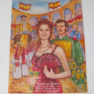May include: A vintage postcard featuring a watercolor painting of a woman in a red dress holding a fan. The woman is surrounded by other figures, including a man in a yellow and green uniform, a man in a red and yellow uniform, and a group of men in green uniforms. The text on the postcard reads "Knights of Babylon, The Auditorium, New Orleans, Louisiana, Wednesday, February Twenty-sixth, Nineteen Hundred and Ninety-Two, Joseph E. Sart, BARTH BROS. IN."