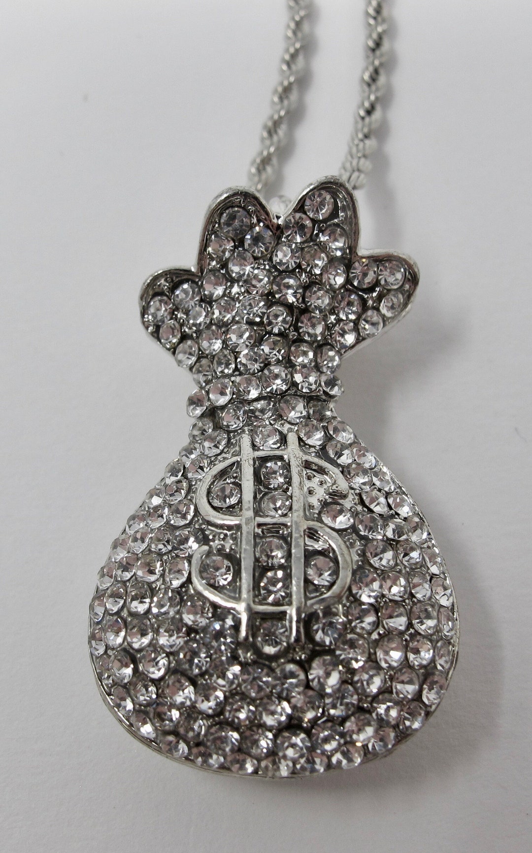 White Rhinestone Money Bag Necklace Etsy