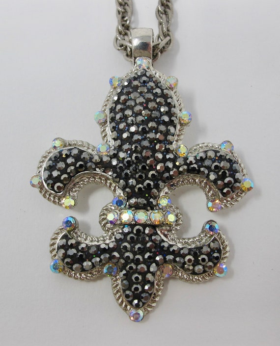 Black & Aurora Borealis Rhinestone Fleur de Lis N… - image 1