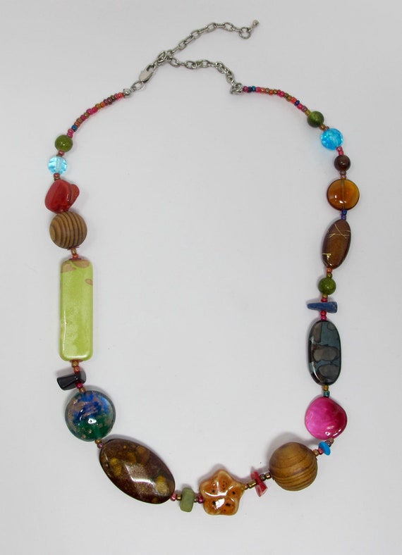 Adjustable Choker Necklace With Rainbow Glass, Ceramic, & Wooden Beads