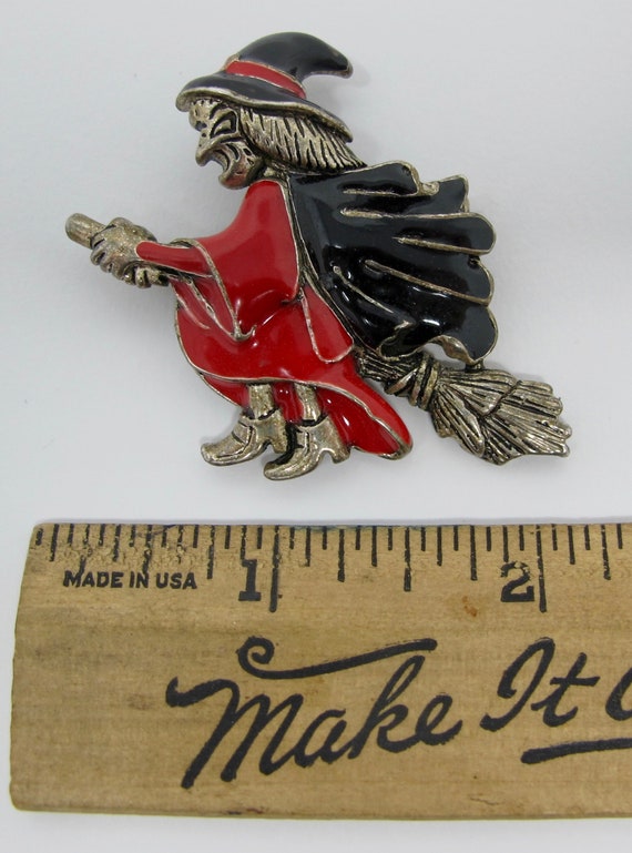 Red-Caped Witch on Broomstick Brooch - image 2