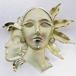 Pale Gold Masks & Feathers Brooch