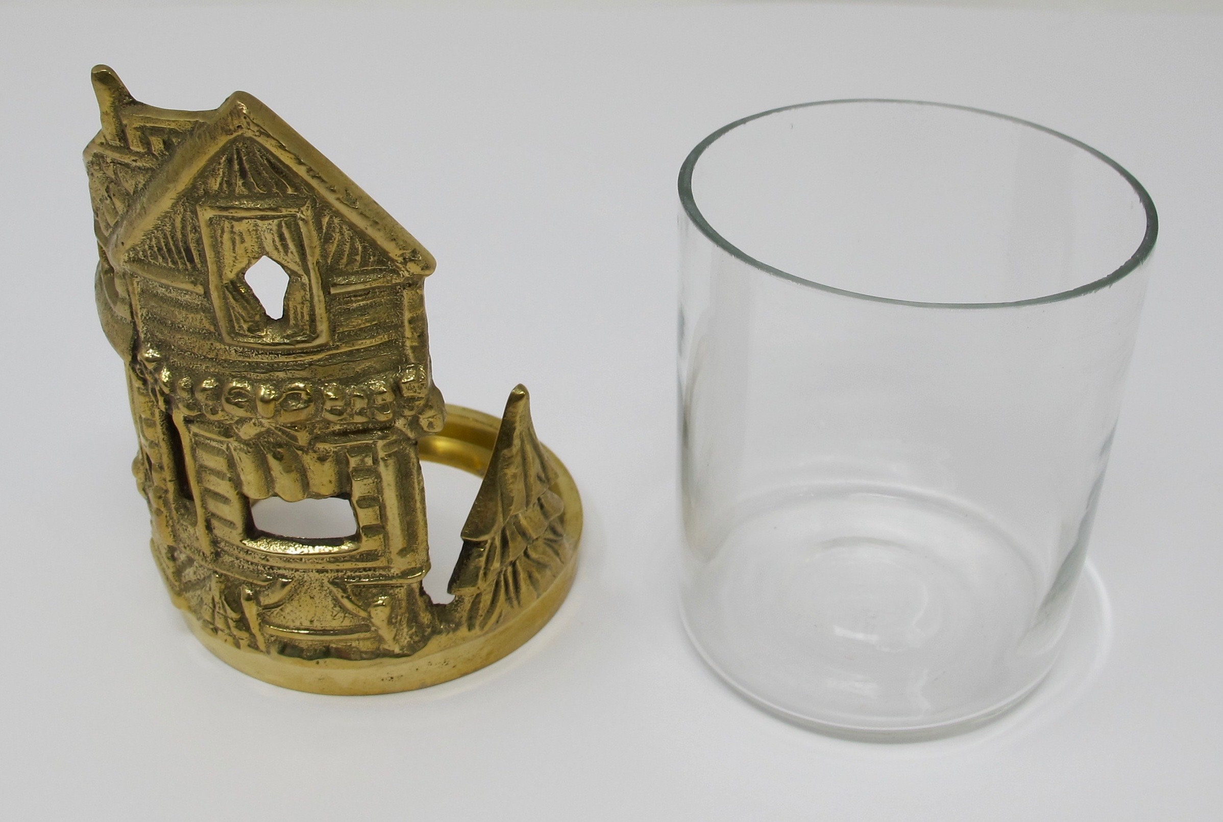 Brass Christmas House Votive Candle Holder With Glass Insert Etsy