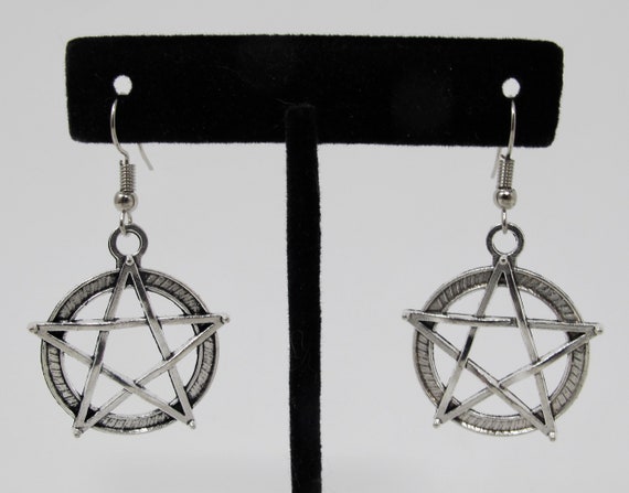Silvertone Pentacle Dangle Earrings - image 2