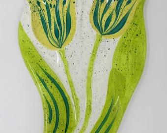Midcentury MCM Yellow & Green Ceramic Tulip Spoon Rest Dated 1965