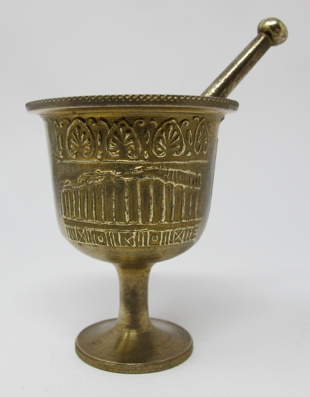 Small Brass Mortar and Pestle With Image of Parthenon Greek Handmade in