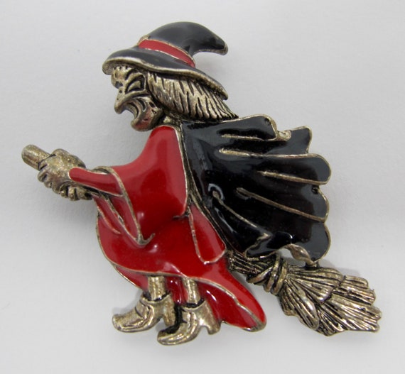 Red-Caped Witch on Broomstick Brooch - image 1