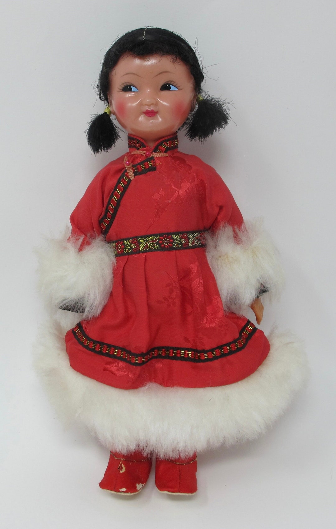 1960s Souvenir Girl Doll From China in Traditional Red Brocade