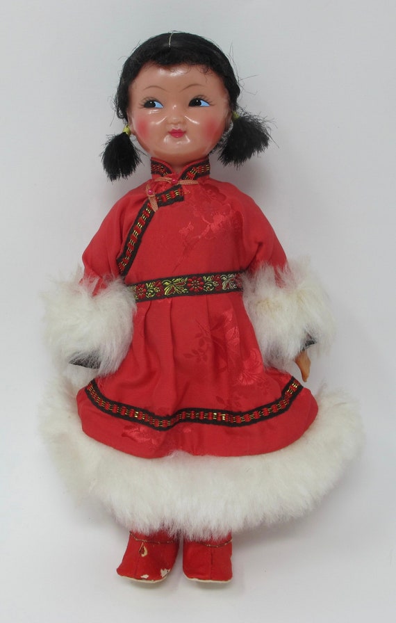 1960s Souvenir Girl Doll From China in Traditional Red Brocade