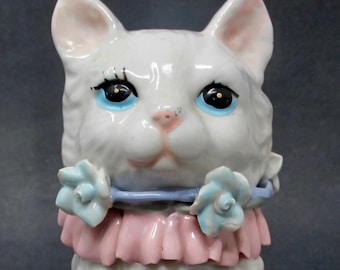Blue-Eyed White Ceramic Cat Figurine With Pastel Ribbons & Roses