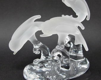 Frosted & Clear Glass Leaping Dolphins Porpoises Triple Sculpture