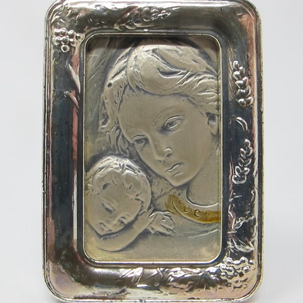 Miniature Pewter Virgin Mary & Baby Jesus Icon in Standing Silver Frame