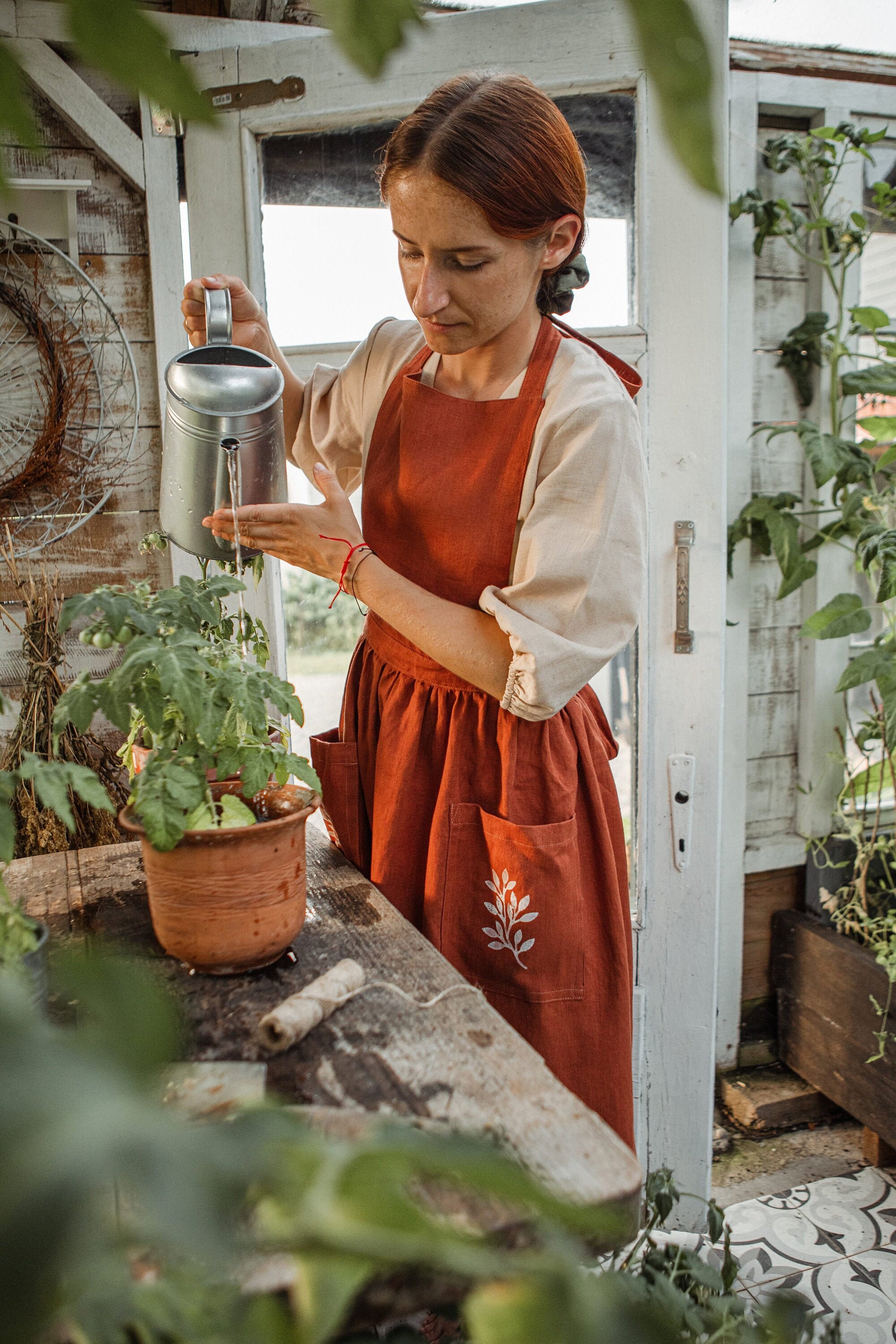 Tablier en Lin Terracota Pinafore, Tablier Naturel, de Cuisine, Linge Pour Femmes, Pinafore Folklori