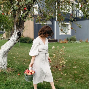 May include: A person in a light-colored linen wrap dress carries a metal bucket filled with red apples. The scene is set in a green yard with an apple tree and a gray house in the background. Fallen apples are scattered on the grass.