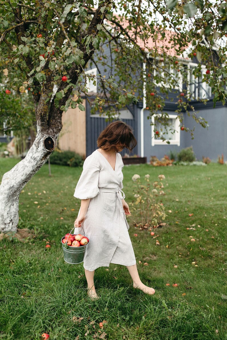 May include: A person in a light-colored linen wrap dress carries a metal bucket filled with red apples. The scene is set in a green yard with an apple tree and a gray house in the background. Fallen apples are scattered on the grass.