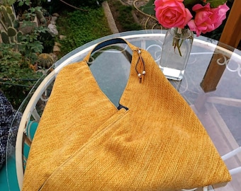 Torba origami w kształcie litery L, wykonana z szenili, podszyta i ręcznie robiona