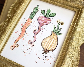 Root Veggies Art Print | 5x7, 8x10 | Whimsical Farmhouse Watercolor, Country Cottage Wall Art, Minimal Kitchen Decor, Cozy Vegetable Artwork