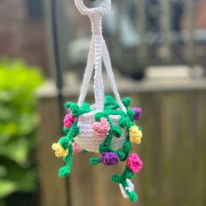 crochet hanging plant, crochet hanging flowers, rearview mirror hanging plant, hanging potted flowers,