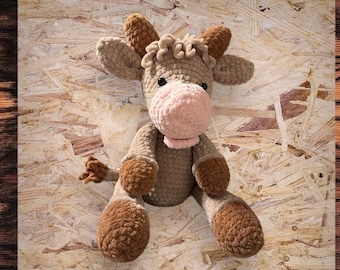 Handmade Crochet Highland Cow Stuffed Animal, Plush Baby Shower Gift