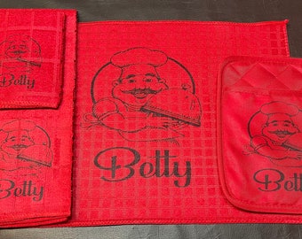 Fat chef potholders, fat chef dishtowel, fat chef dishrag, fat chef kitchen towels, fat chef kitchen decor