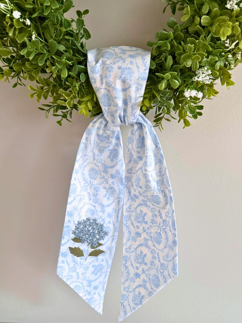 Embroidered Floral Bow Wreath Sash, Blue Toile Spring Summer Door Decor ...
