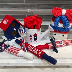 July 4th tiered tray decor, Independence Day tiered tray decor, mini July 4th watering can, Patriotic decor
