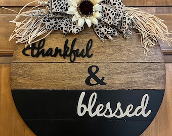 Thankful & blessed round door sign, Thankful round door hanger, home decor farmhouse, leopard print door sign