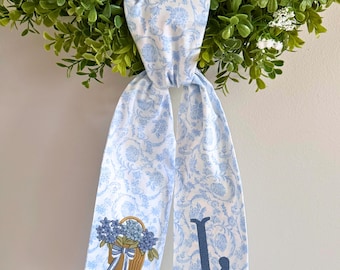 Embroidered Floral bow Wreath Sash, blue toile Spring Summer Door Decor, Handmade Fabric