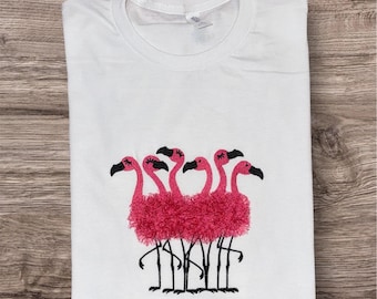Embroidered Fringed Flamingo T-Shirt: Unisex Crewneck Sweatshirt