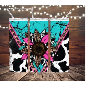Western sunflower tumbler, cow print tumbler, turquoise gem stone tumbler
