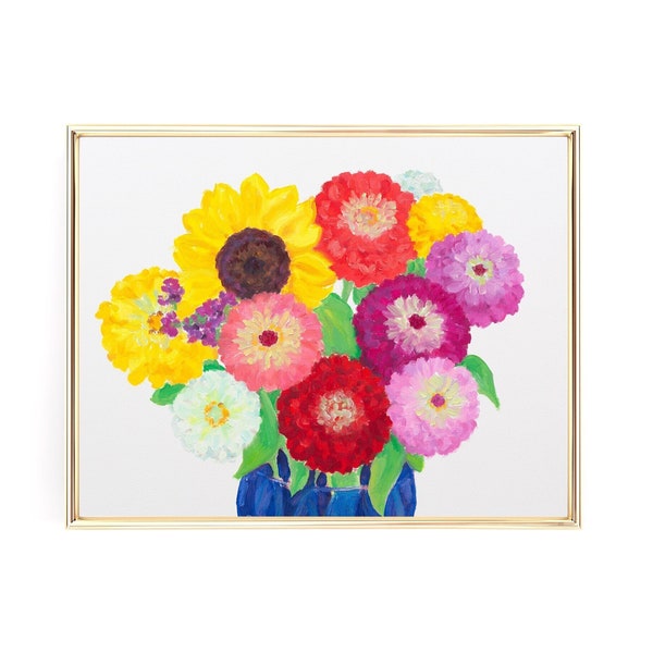 Zinnia Flower Bouquet Art Print, Original Floral Oil Painting Giclee, Kitchen Flower Art, Colorful Handmade Farmhouse Wall Decor