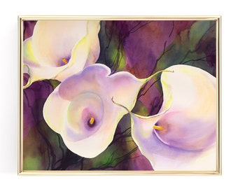 Calla Lilies Print, Calla Lily Original Floral Painting Watercolor Art Print, Elegant White Flowers Living Room Wall Decor, Gift for Her