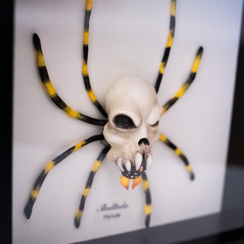 May include: A framed artwork featuring a black and yellow spider with a white skull head. The skull has black eyes and a toothy grin. The artwork is signed "Skullitude" in the bottom right corner.