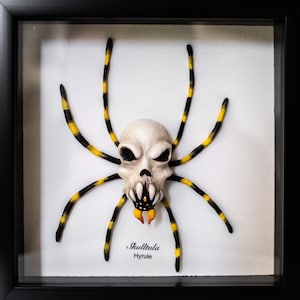May include: A framed black and yellow spider with a skull-like head. The spider is labeled "Skulltula Hyrule".