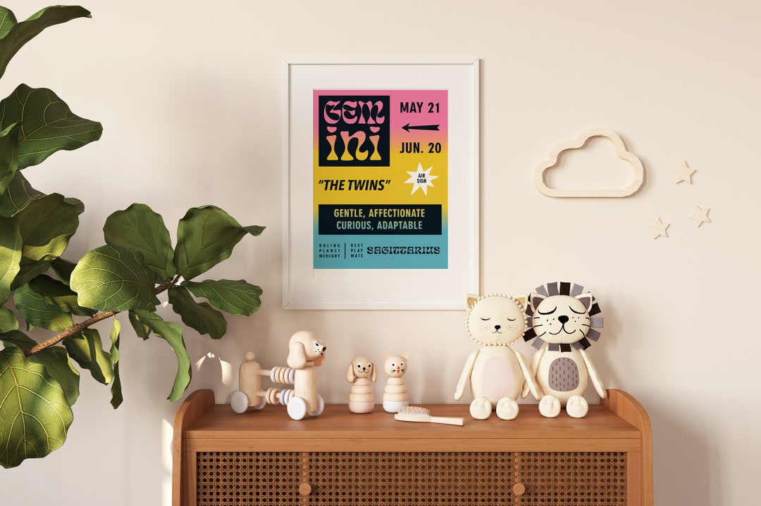 Gemini Poster Nursery Wall Art Zodiac Print Space - Etsy