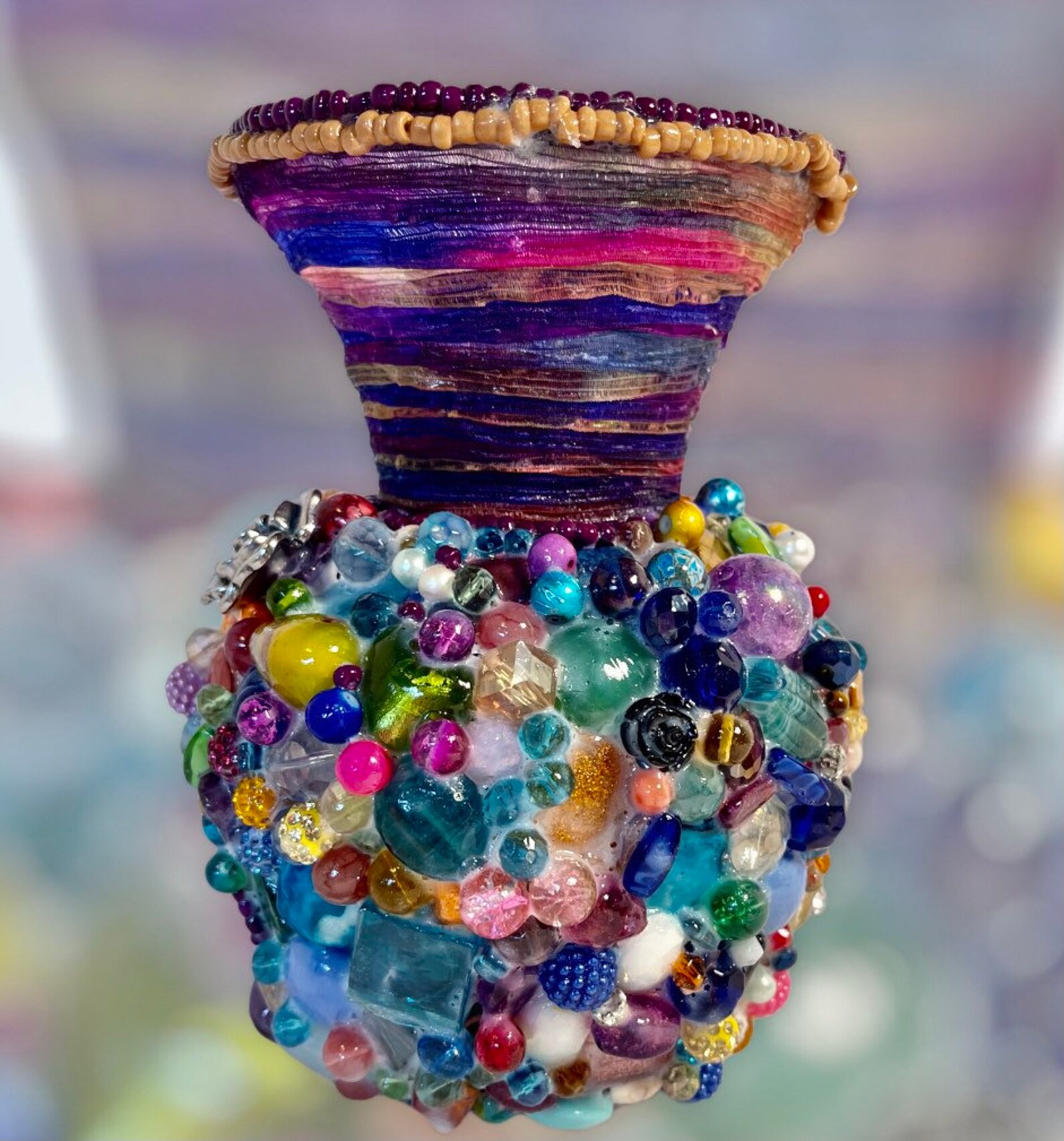 Beaded Fat Vase With Vintage Silk Ribbon Etsy