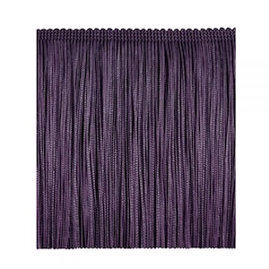 May include: Purple fringe trim with a subtle sheen. This trim is ideal for adding a touch of elegance to any project.
