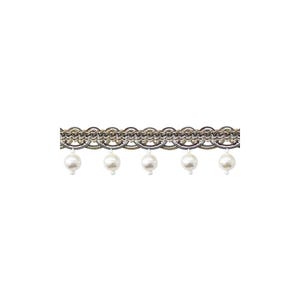 May include: Decorative trim with a silver and gold scalloped pattern, adorned with hanging white faux pearls. Ideal for craft and sewing projects, this trim adds a touch of elegance and sophistication to any design.