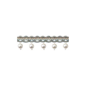 May include: Decorative trim with a scalloped design in teal, beige, and brown. The trim is embellished with five faux pearl drops. Suitable for craft and sewing projects. The trim is approximately 10 cm in length.