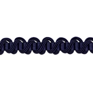 May include: Navy blue decorative trim with a wavy, looped design. This trim is ideal for adding a touch of elegance to curtains, cushions, and other home decor projects.