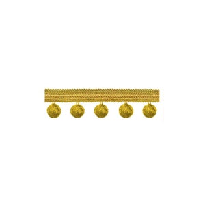 May include: Gold trim with a row of gold pom-poms. The trim is approximately 2.5 cm wide.