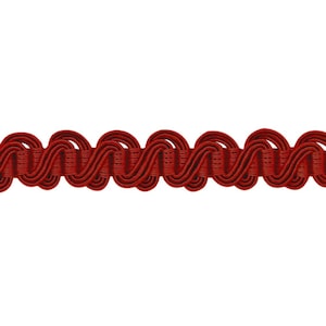 May include: Red braided trim with a wavy pattern. This trim is ideal for adding a decorative touch to curtains, cushions, and other home decor projects.