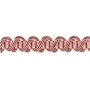 May include: A close-up of a pink braided trim with a wavy pattern. The trim is made of a soft, woven fabric and is perfect for adding a touch of elegance to any project.