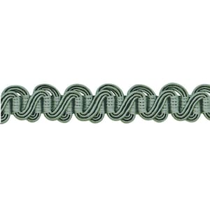 May include: A close-up of a sage green braided trim with a wavy pattern.