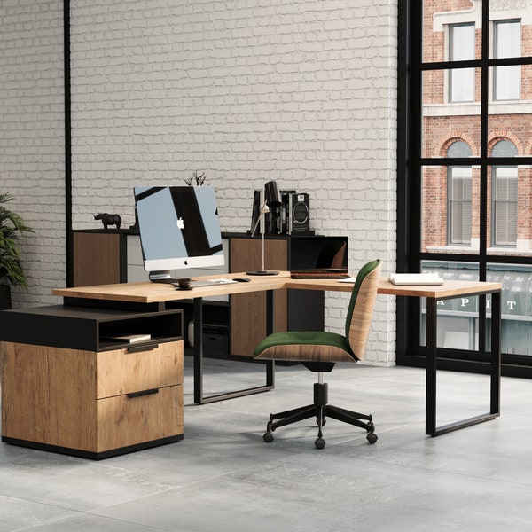 Bureau d'angle L-Desk avec tiroirs bureau d'armoire de style loft avec tiroirs au bureau avec piédestal