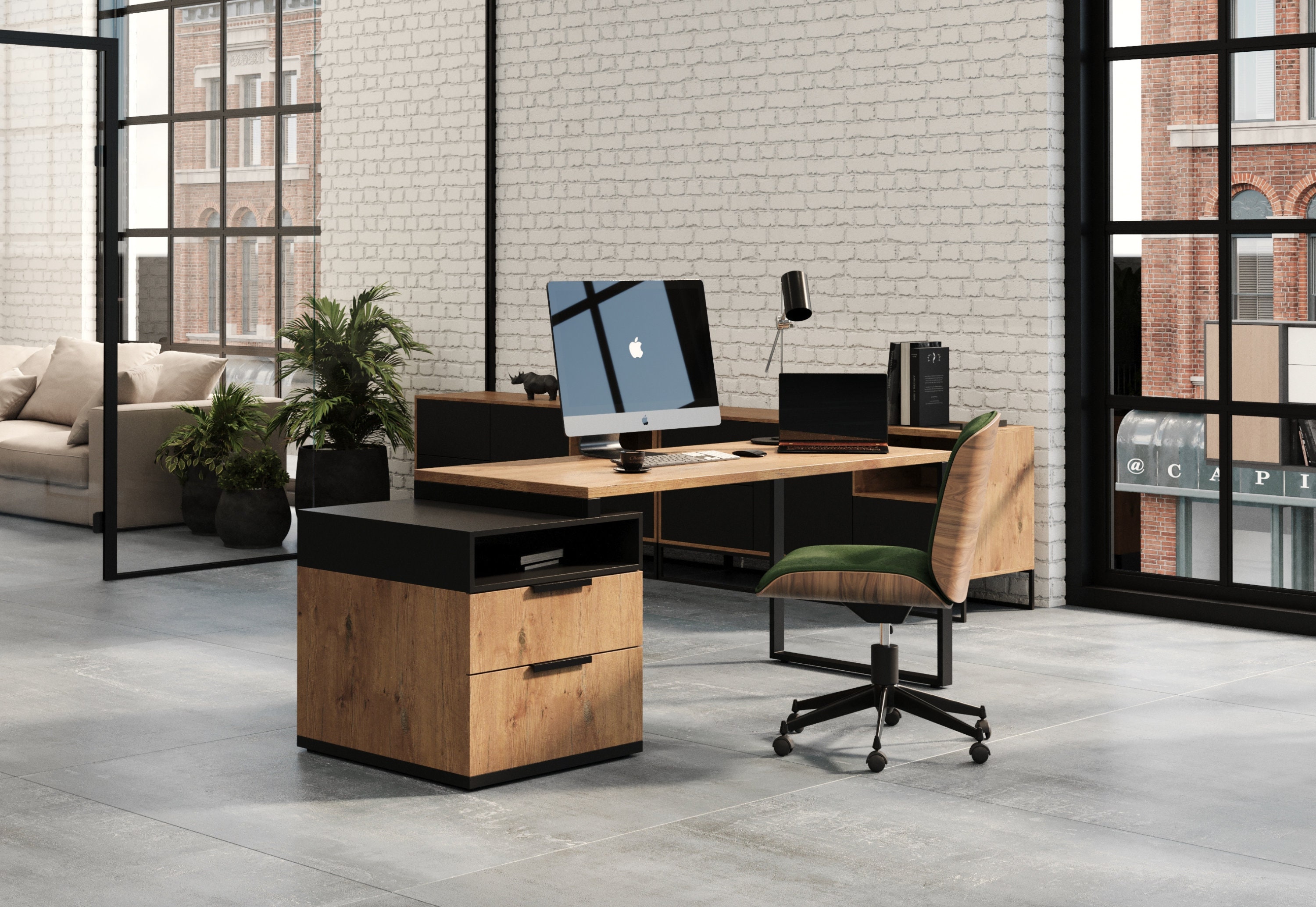 Large Desk With Container / Home Office Desk With Drawers / Rustic