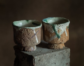 Guinomi: Small cups without handles, suitable for tea or sake. Japanese-style wabi-sabi bowls. Sake set. Textured ceramic cups. Oribe.
