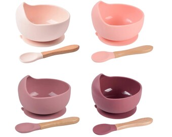 Bol ventouse bébé - Bol en silicone - set repas bebe - cuillere en bois - couvert personnalisé -cadeau personnalisé bébé